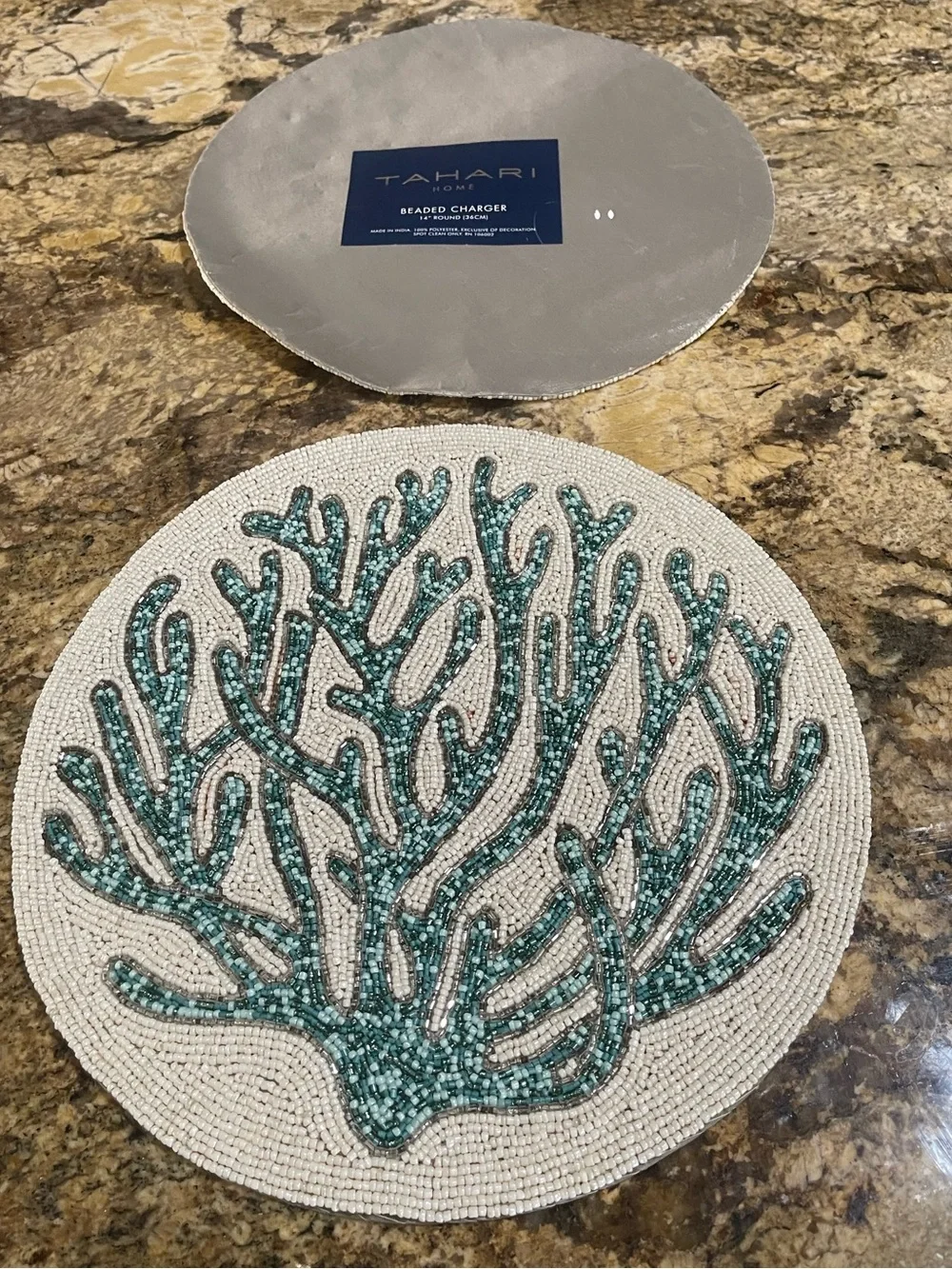 Tahari Home Beaded Charger/Placemats Set of 2-  coastal sea coral !  Brand New!